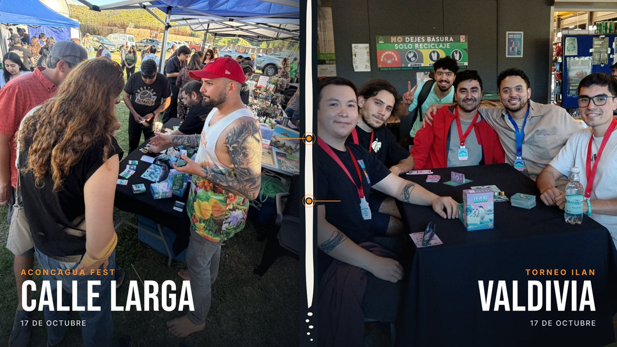 Díptico: a la izquierda Dany en el stand de Within Play en el Aconcagua Fest, en Calle Larga; a la derecha la mesa final del Torneo ILAN en Valdivia, separadas por una franja con la forma de Chile